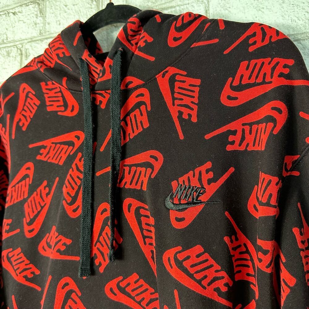 Nike Hoodie Essentials All Over Logo Sweatshirt Cotton Blend Black Red M - Picture 5 of 9
